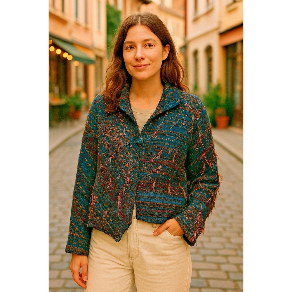 NWT Artisan Jacket Womens Sz M Multicolor Handwoven Striped Boho Ceramic Button
